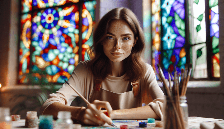 a female artist with freckles and stained-glass windows in the background