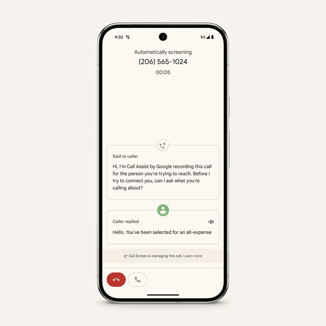 Google Call Assist answering a call from an unknown number, asking the caller the reason for calling and transcribing the caller's response.